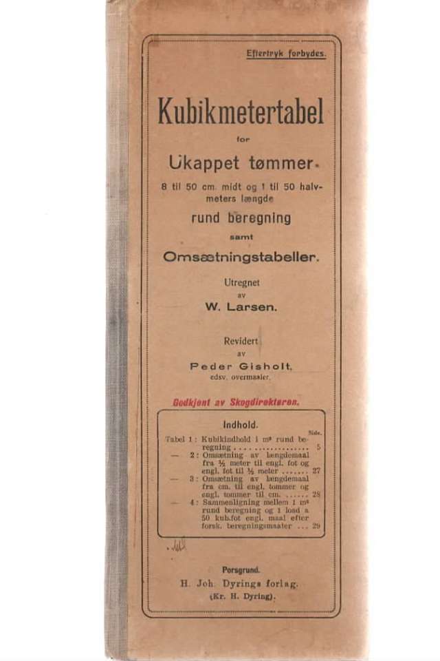 Kubikmetertabel for ukappet tømmer 1929