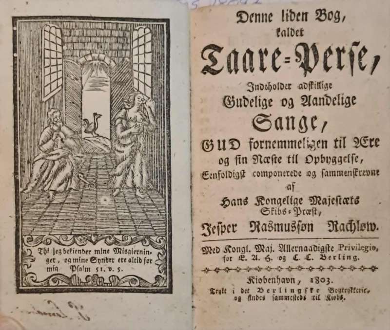 Denne liden Bog, kaldet Taare-Perse, Indeholder adskillige Gudelige og Aandelige Sange, Gud fornemmeligen til Ære og sin Næste til Opbyggelse, Eenfoldigst componerede og sammenskrevne af Hans Kongelige Majestæts Skibs-Præst, Jesper Rasmussøn Rachløw - bakside