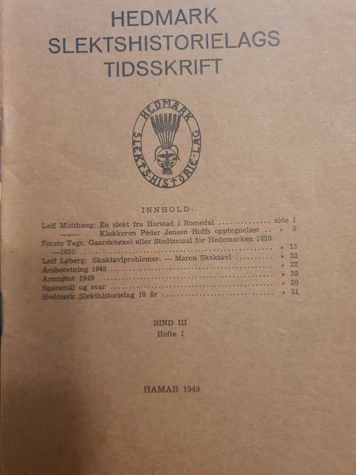 Hedmark slektshistorielags tidsskrift Bind III hefte 1-11